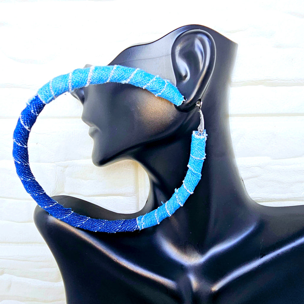 Distressed Denim Hoops Earring