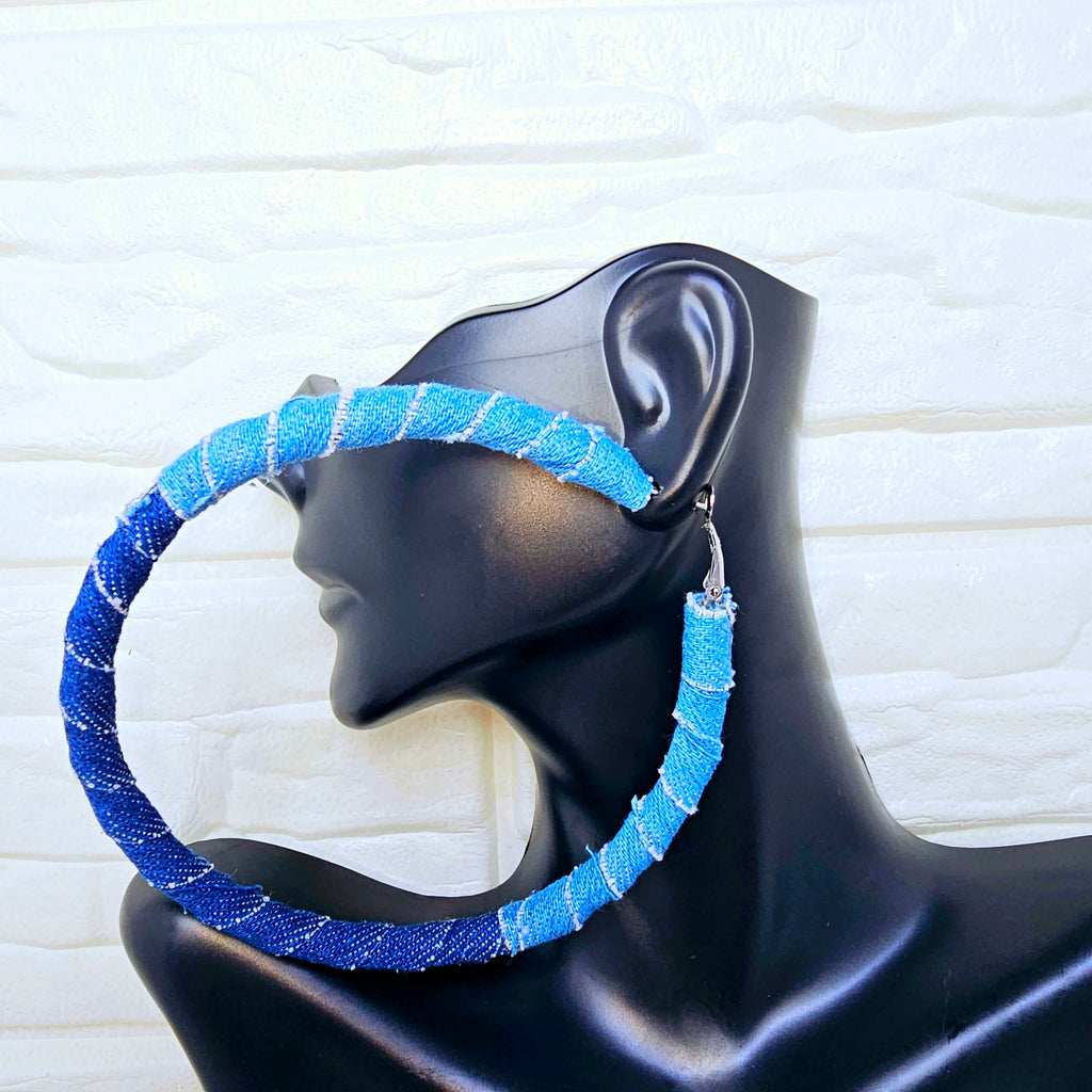 Distressed Denim Hoops Earring
