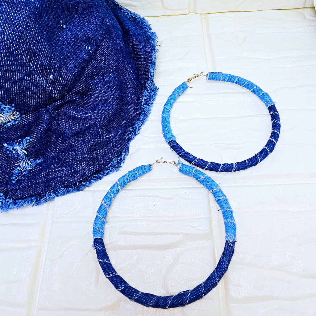 Distressed Denim Hoops Earring
