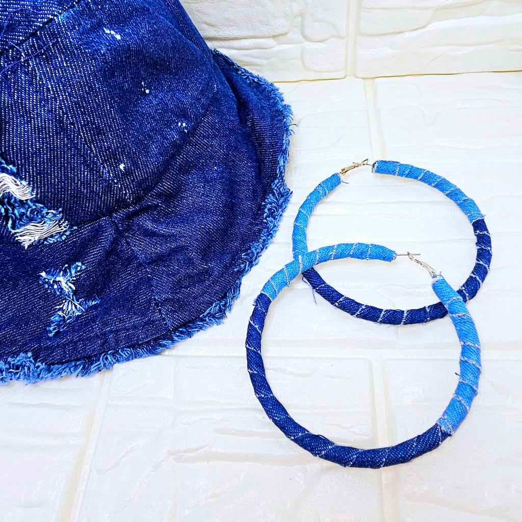 Distressed Denim Hoops Earring